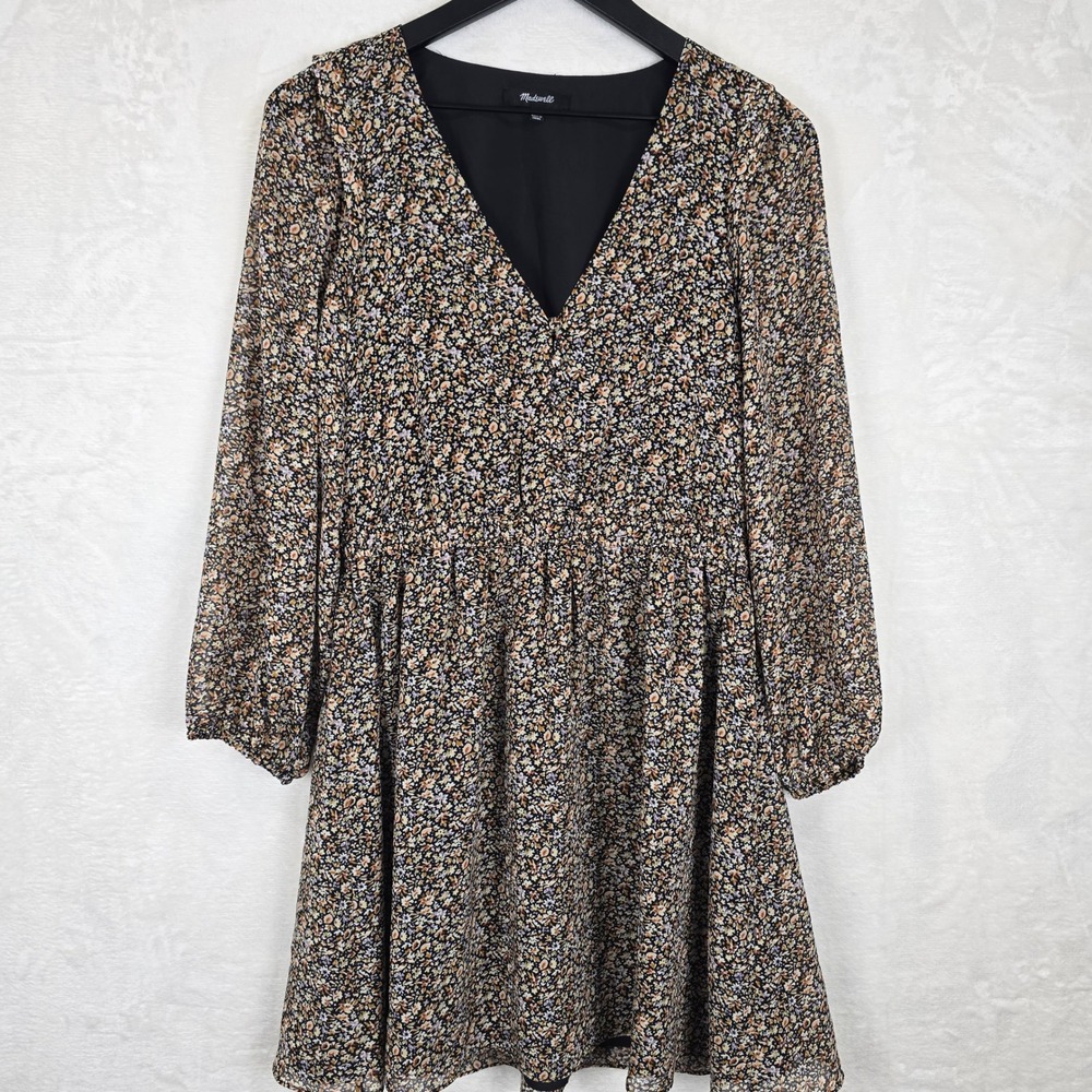 Madewell Georgette Ditsy Floral V-Neck Mini Dress Black Multi Long Sleeve Small